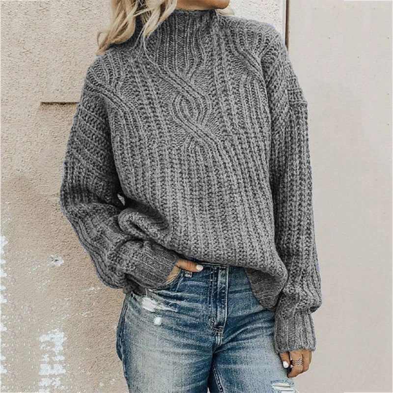 Ladies turtleneck cable knitted sweater | Oversized long sleeves pullover