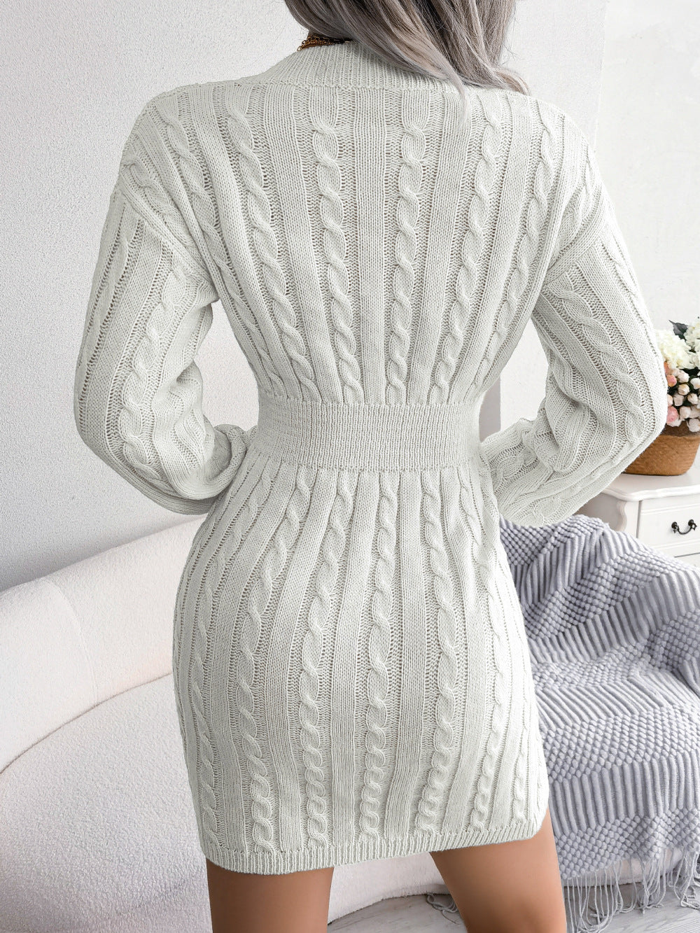Ladies knitted sweater dress | V-neck, long sleeves, tailed model