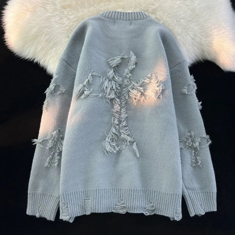 Ladies knitted sweater with torn details | Round neck, long sleeves, casual fit