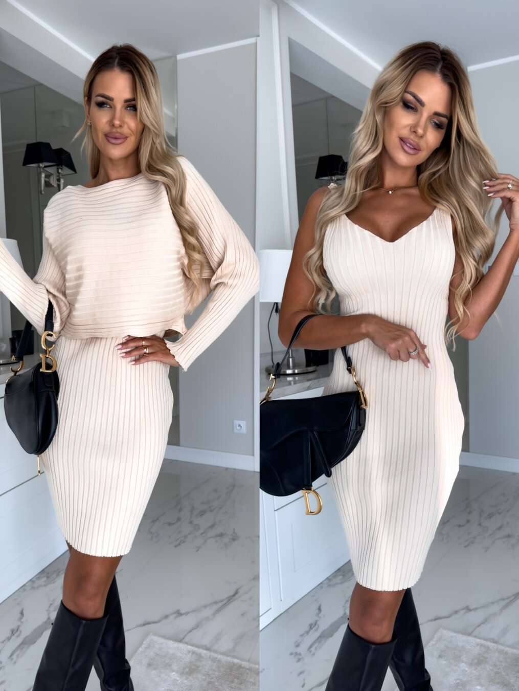 Ladies ribbed knitted two-part skirt and sweater set