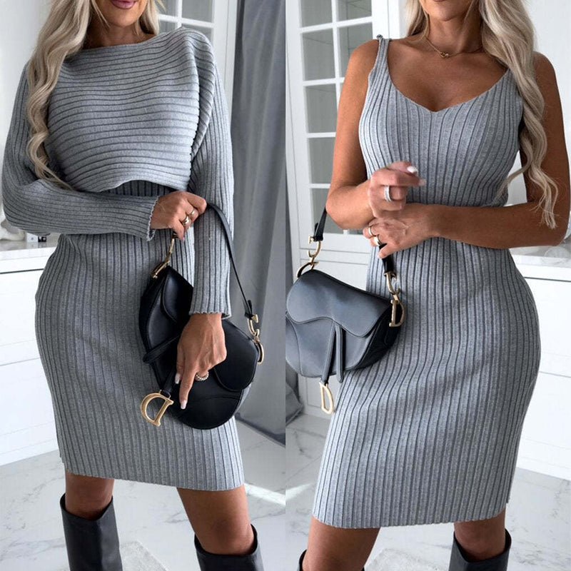 Ladies ribbed knitted two-part skirt and sweater set