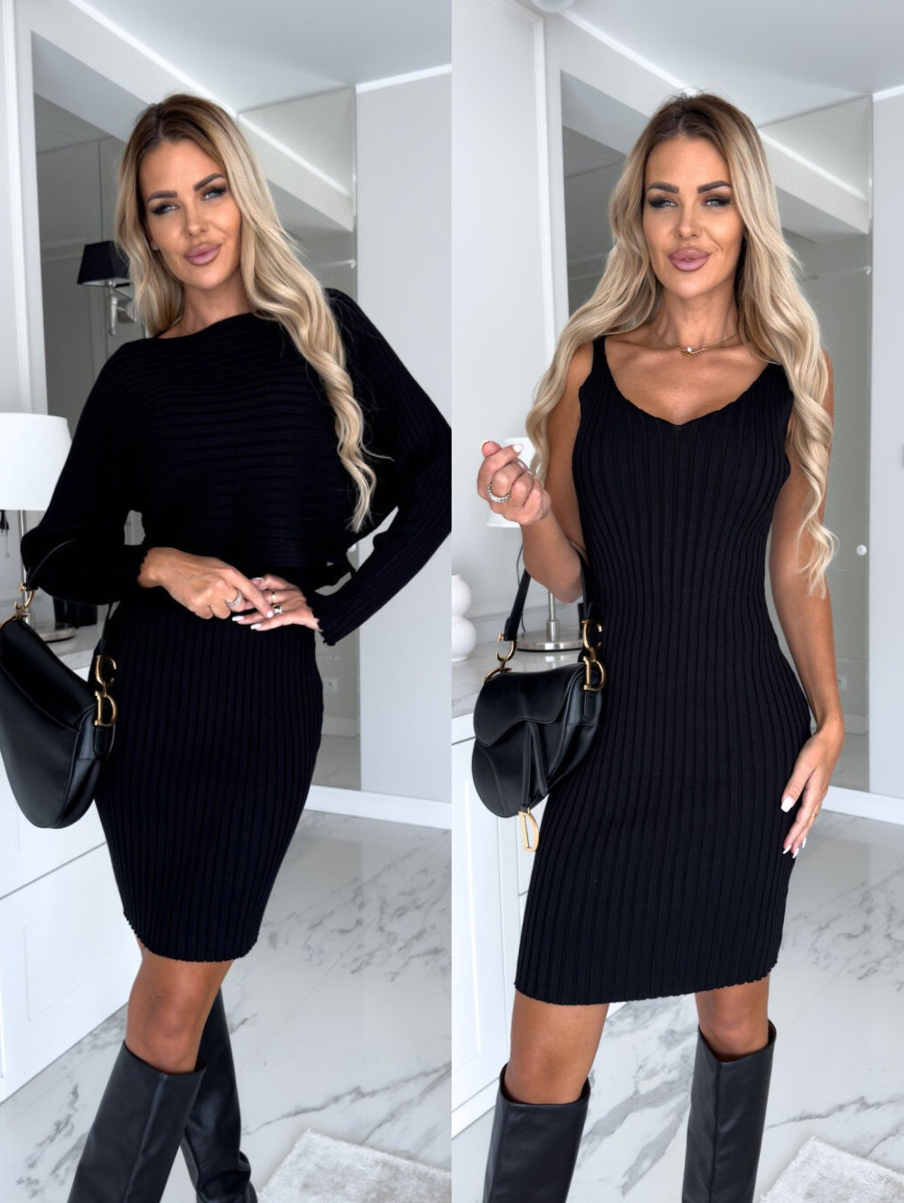 Ladies ribbed knitted two-part skirt and sweater set