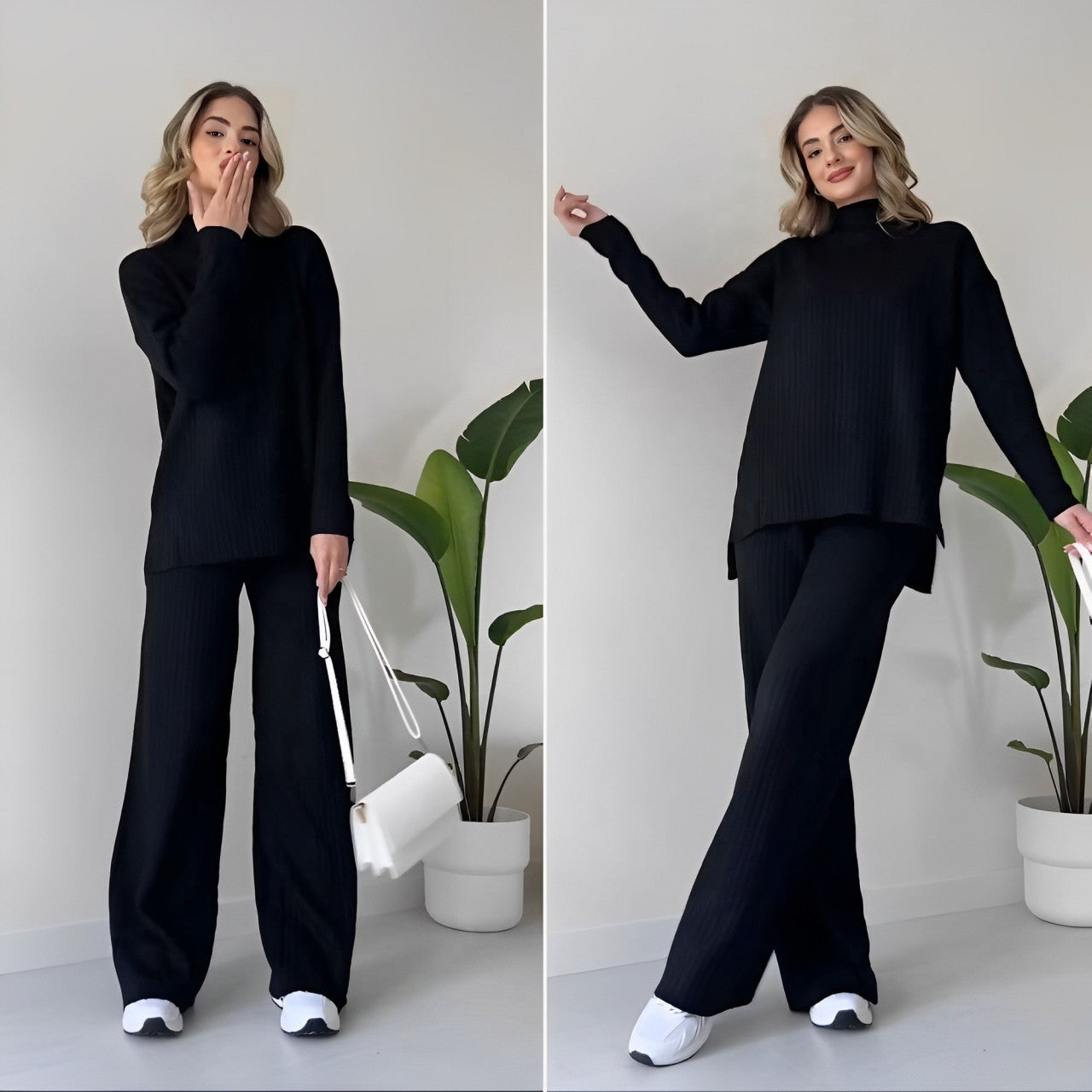 Ladies ribbed knitted two-part set | High neck, long sleeves, loose fit