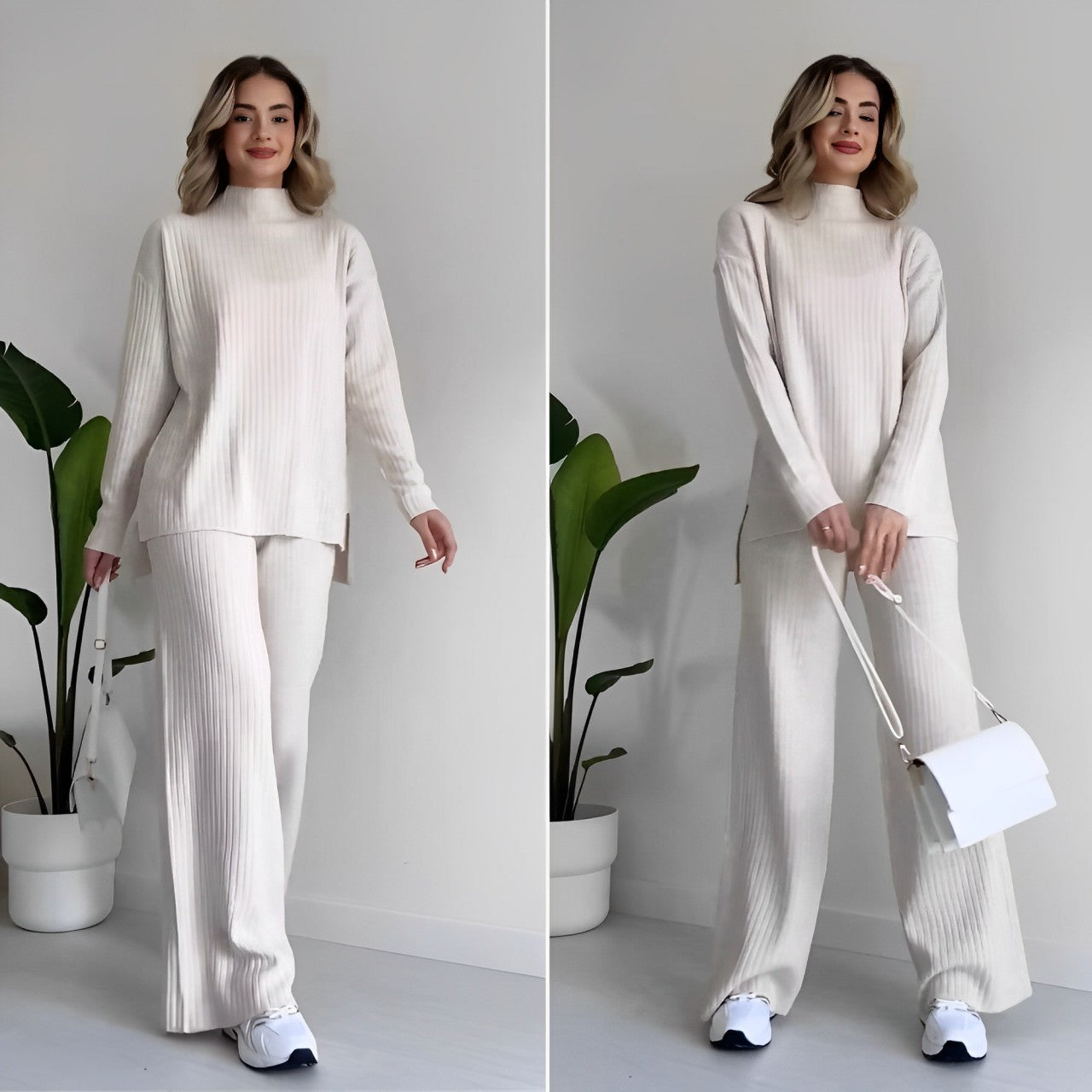 Ladies ribbed knitted two-part set | High neck, long sleeves, loose fit