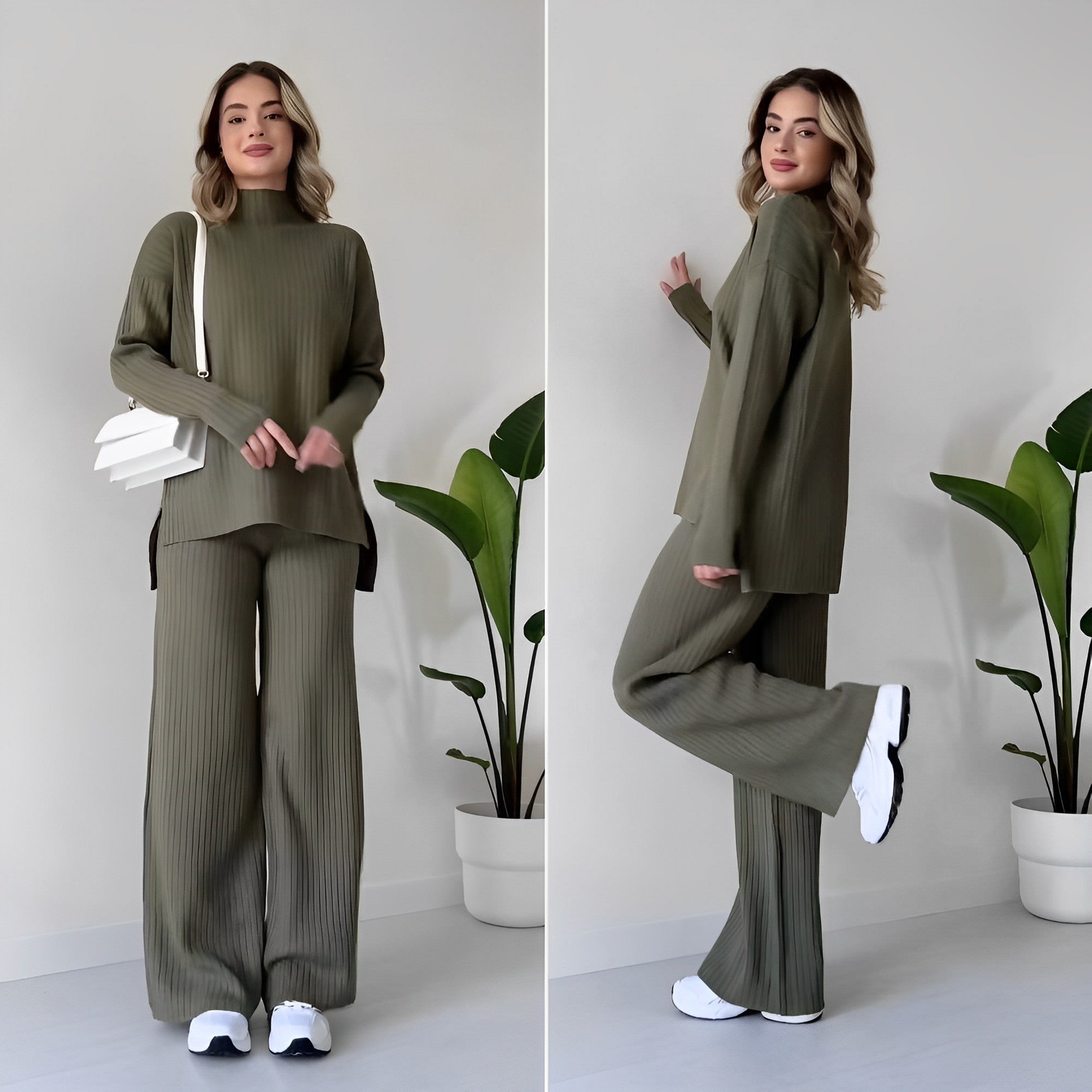 Ladies ribbed knitted two-part set | High neck, long sleeves, loose fit