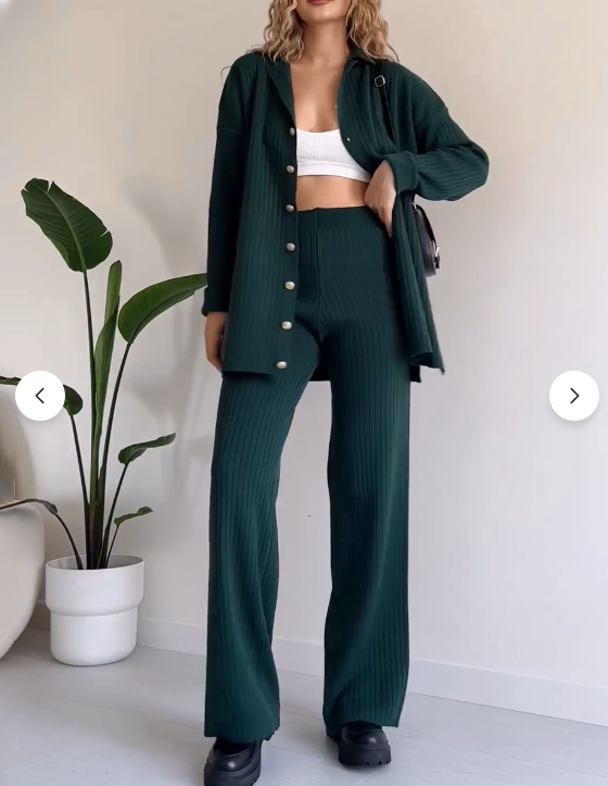 Ladies ribbed knitted two-part set | Knot closure top, wide pants, casual fit