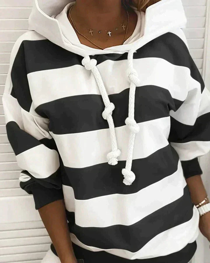 Ladies Striped Pullover Hoodie | Casual Nautical Long Sleeve Sweater