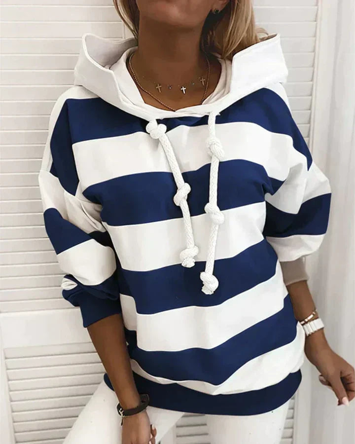 Ladies Striped Pullover Hoodie | Casual Nautical Long Sleeve Sweater