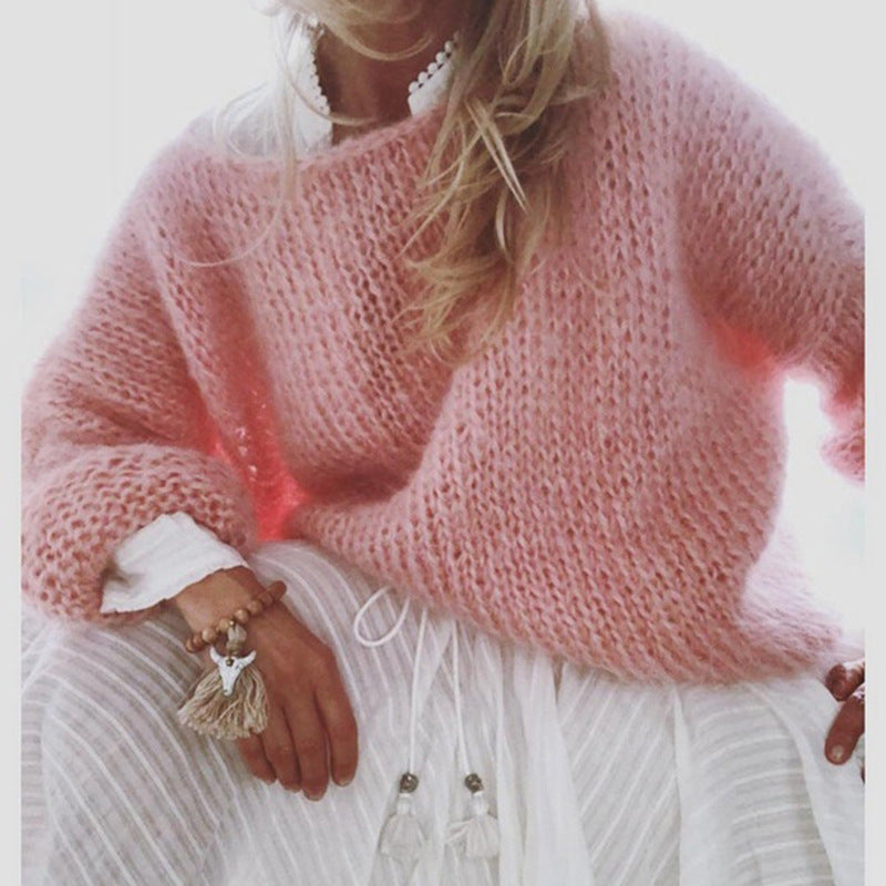 Ladies coarse knitted sweater | Off-shoulder, long sleeves, loose fit