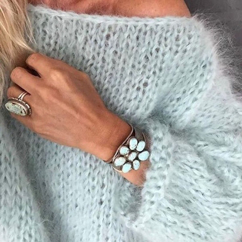 Ladies coarse knitted sweater | Off-shoulder, long sleeves, loose fit