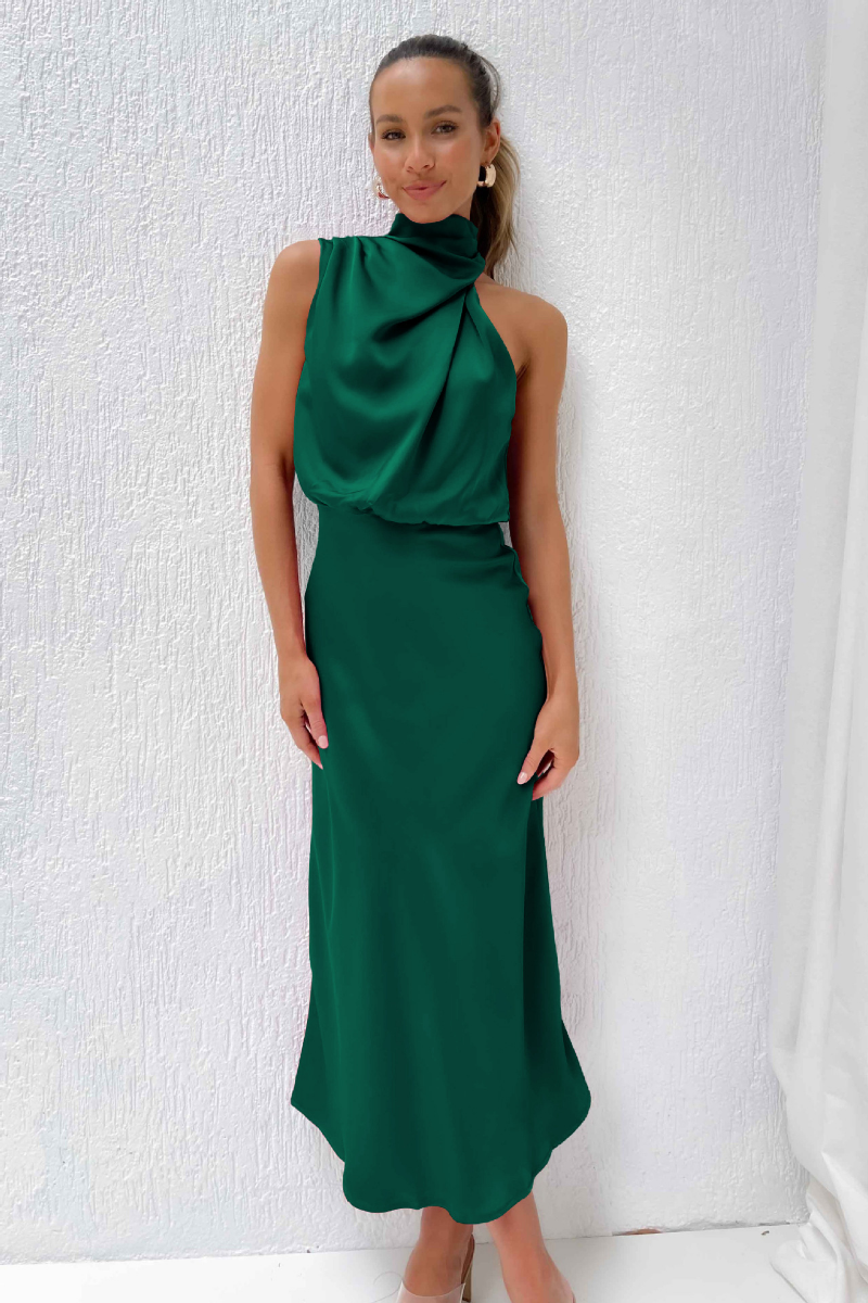 Ladies high neck satin midi dress | Elegant sleeveless evening dress for special occasions