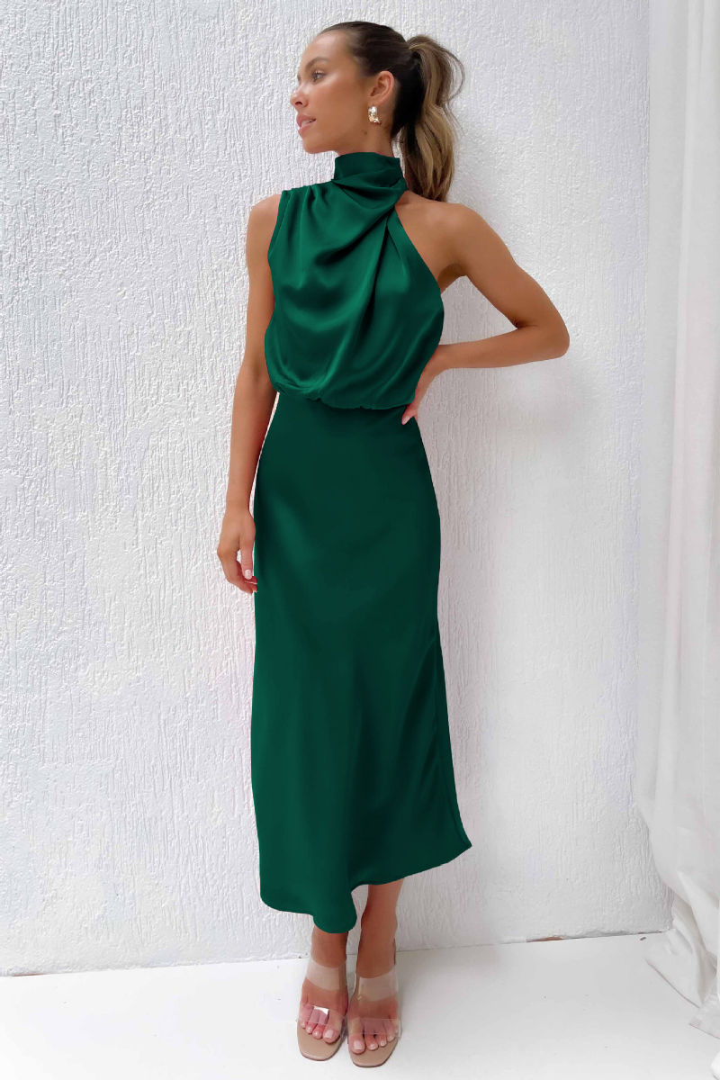 Ladies high neck satin midi dress | Elegant sleeveless evening dress for special occasions