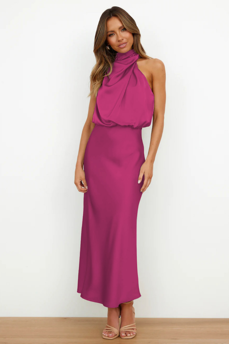 Ladies high neck satin midi dress | Elegant sleeveless evening dress for special occasions