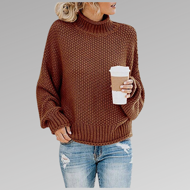 Ladies oversized orange knitted sweater | High collar, chunky sweater