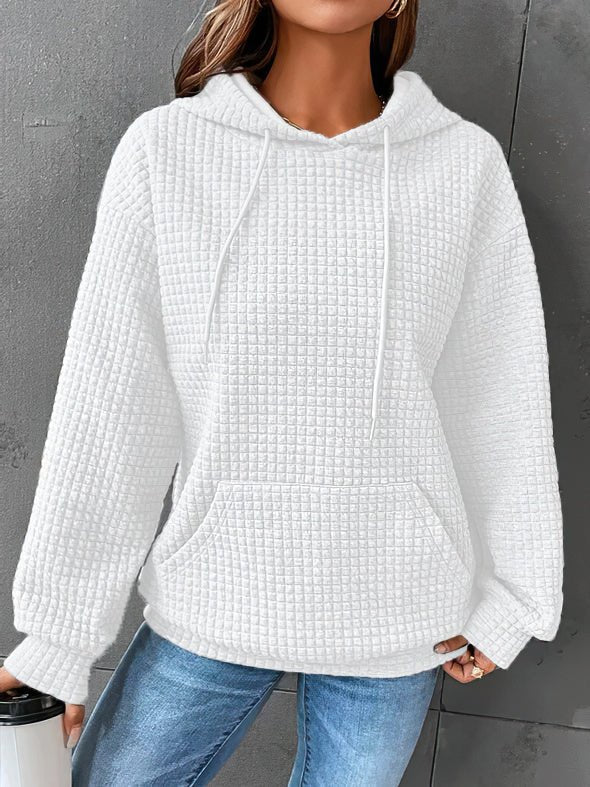 Ladies waffle knitted hoodie | Comfortable pullover with front bag