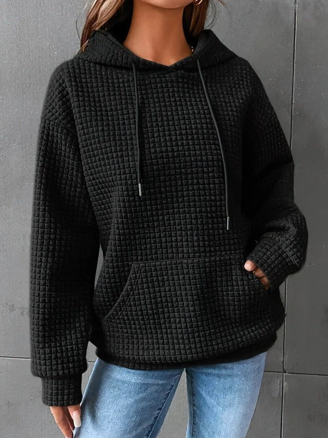 Ladies waffle knitted hoodie | Comfortable pullover with front bag