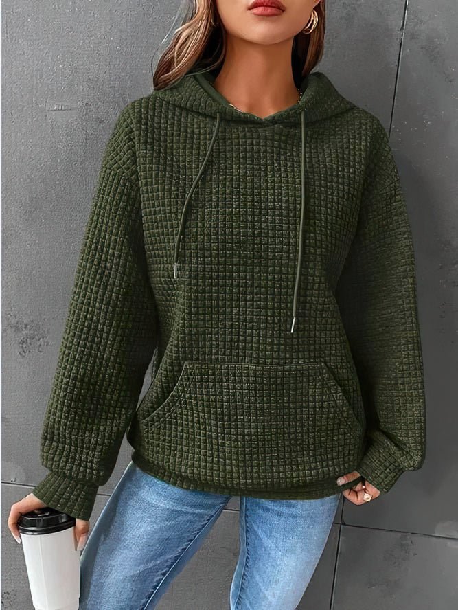 Ladies waffle knitted hoodie | Comfortable pullover with front bag