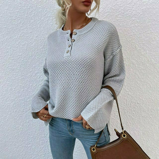 Ladies waffle knitted sweater with button closure | Casual long sleeves Henley Pullover