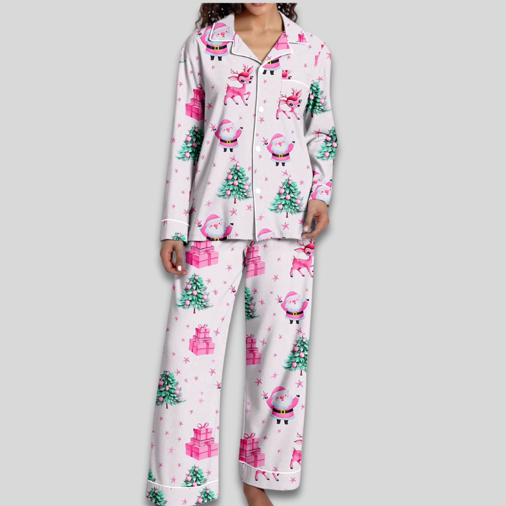 Women Cozy Soft Pajama Set - Christmas Button Down Two Piece