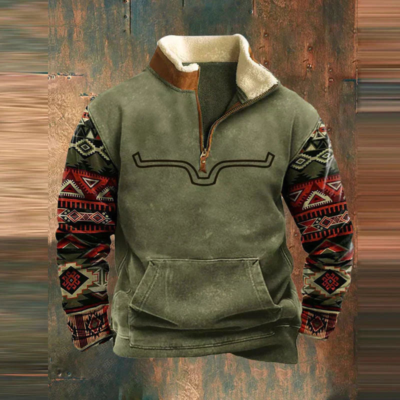 Men Aztec Fleece Pullover | Half zipper, long sleeves, warm Sherpa lining, casual southwestern style