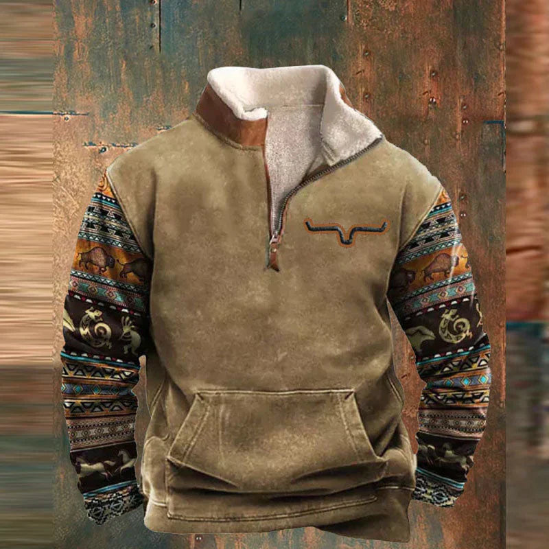 Men Aztec Fleece Pullover | Half zipper, long sleeves, warm Sherpa lining, casual southwestern style