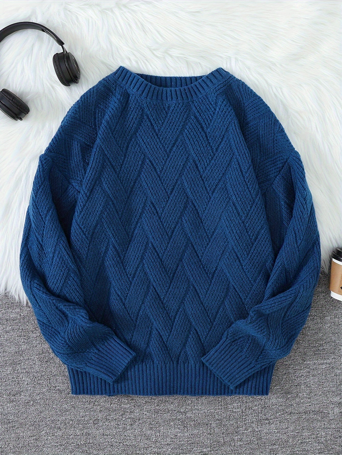 Men's knitted sweater | Herringbone pattern round neck pullover