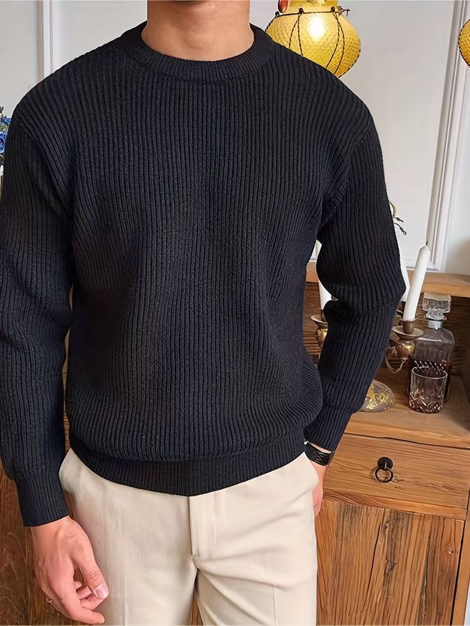 Men's ribbed sweater with round neck | Classic long sleeves knitted pullover