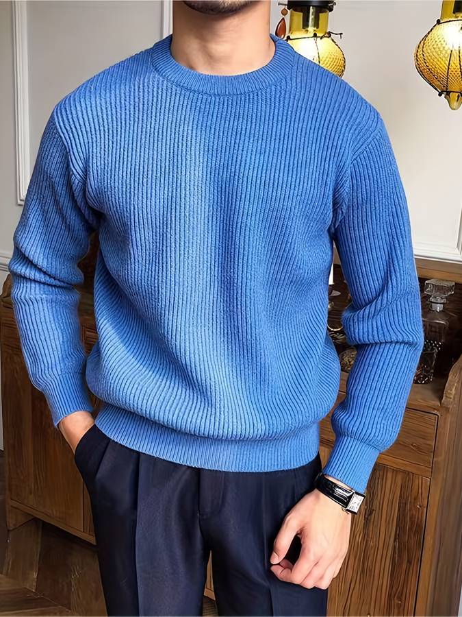 Men's ribbed sweater with round neck | Classic long sleeves knitted pullover