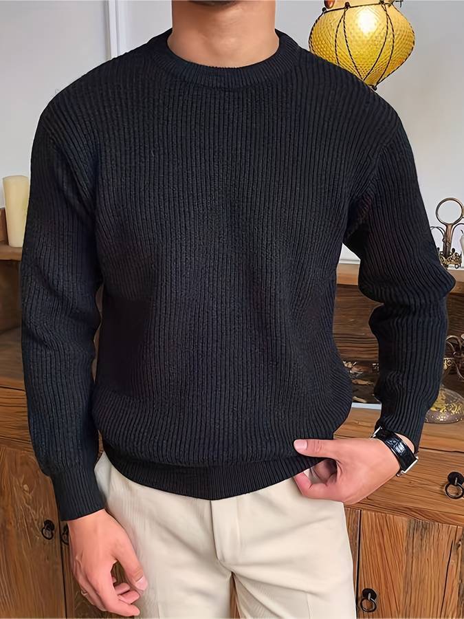 Men's ribbed sweater with round neck | Classic long sleeves knitted pullover