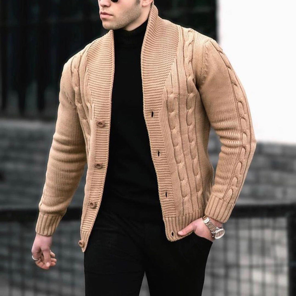Men's coarse knitted cardigan with cable pattern Button closure, scarf collar, casual fit