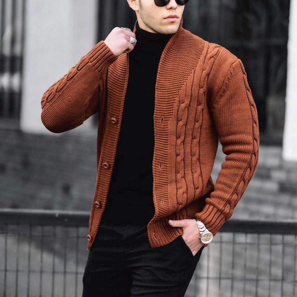 Men's coarse knitted cardigan with cable pattern Button closure, scarf collar, casual fit