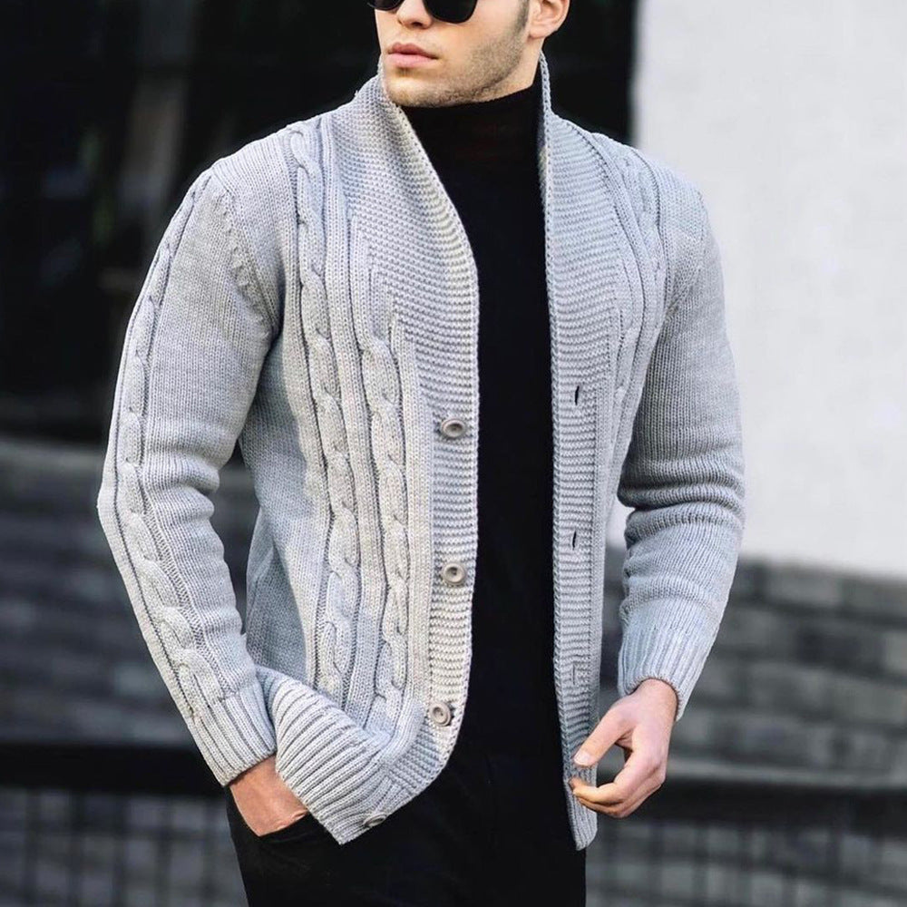 Men's coarse knitted cardigan with cable pattern Button closure, scarf collar, casual fit