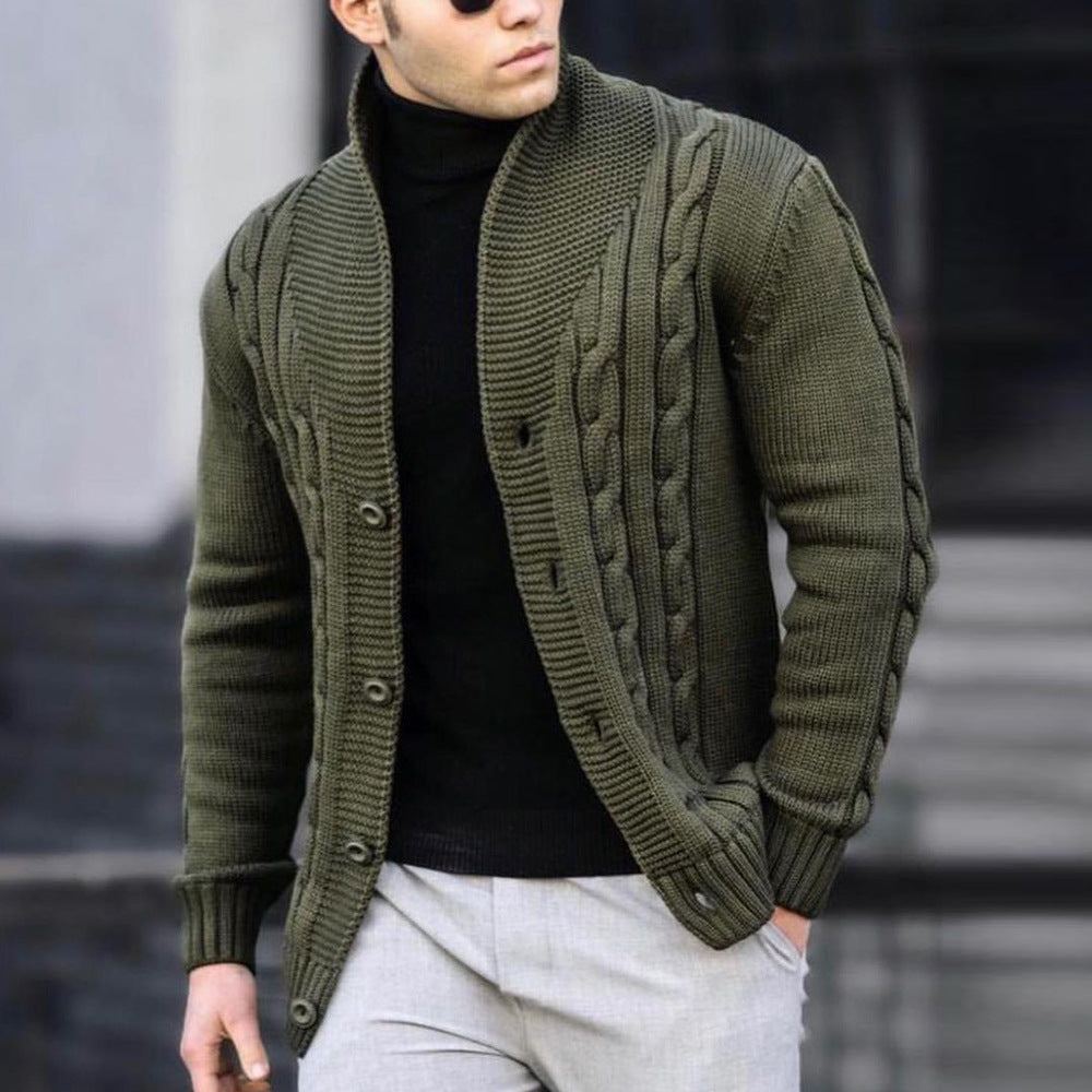 Men's coarse knitted cardigan with cable pattern Button closure, scarf collar, casual fit