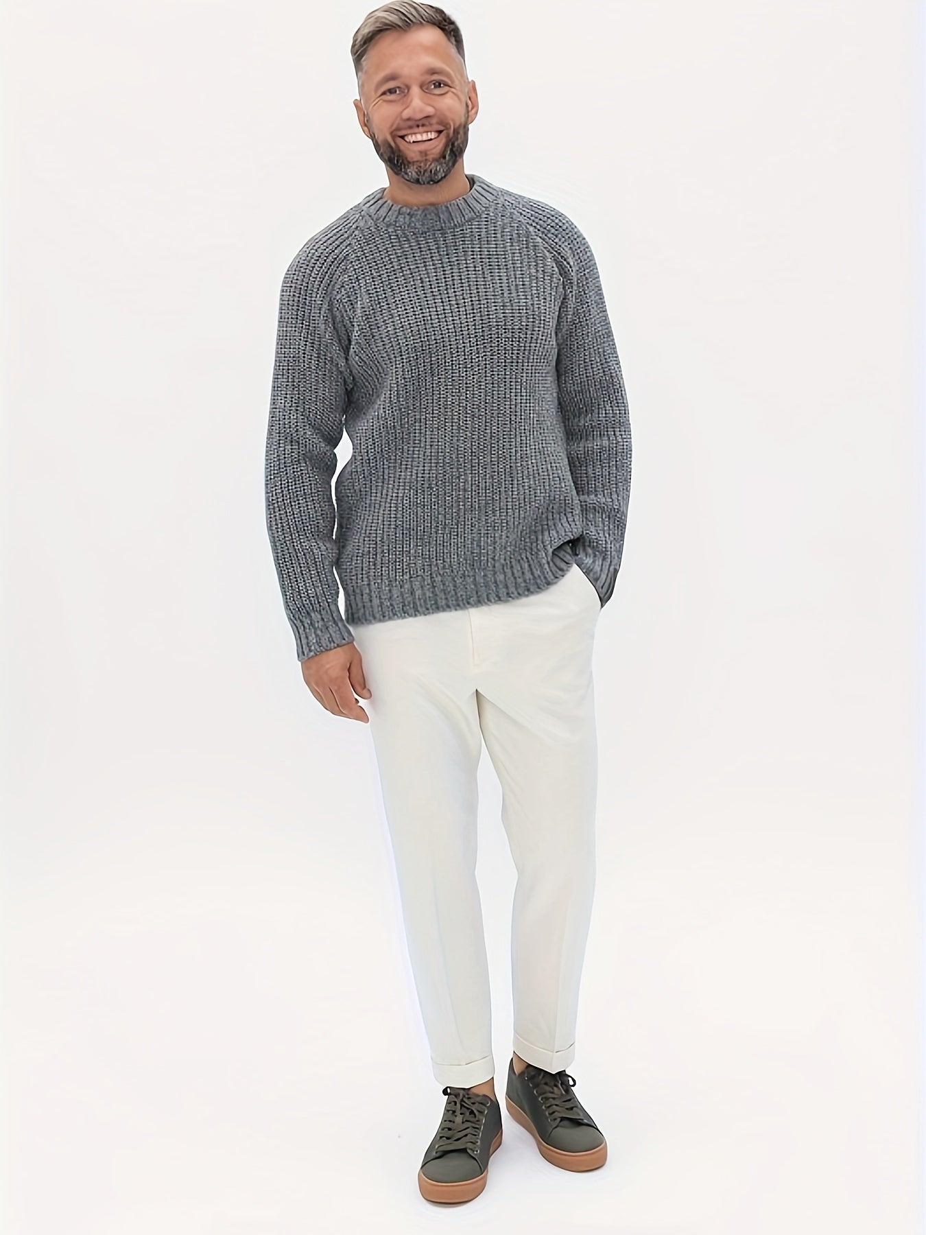 Men's gross knitted gray sweater | Comfortable ribbed round neck pullover