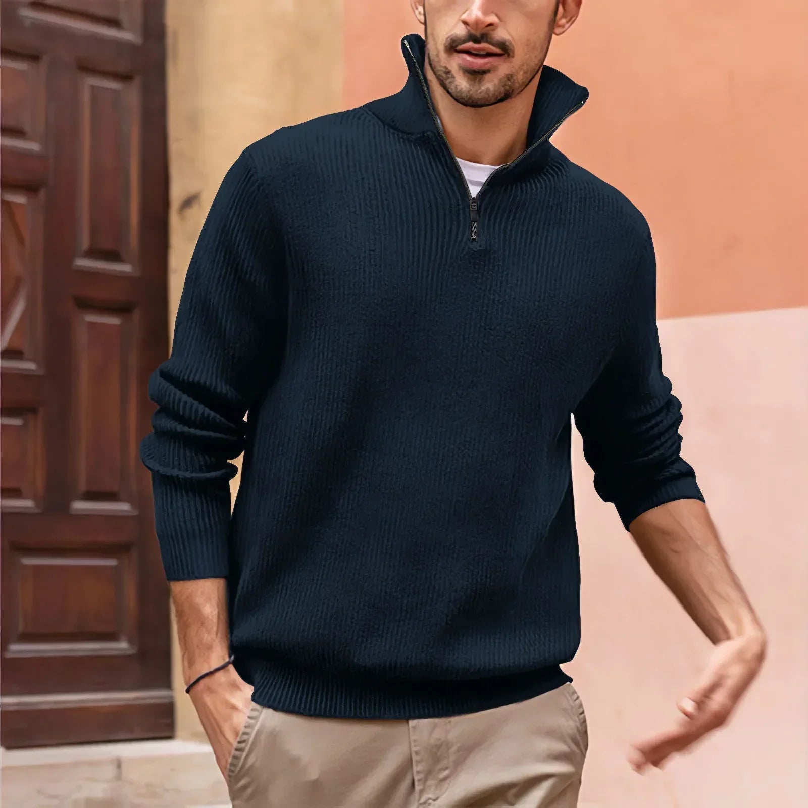 Men's Half-Zip knitted sweater | Upright collar, long sleeves, casual fit