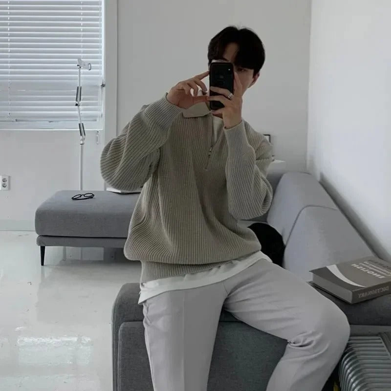 Men's Half zipper ribbed sweater | Casual long sleeves pullover with collar