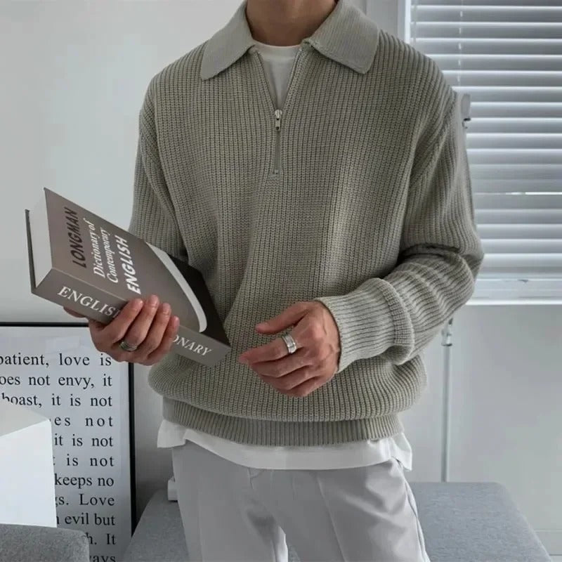 Men's Half zipper ribbed sweater | Casual long sleeves pullover with collar