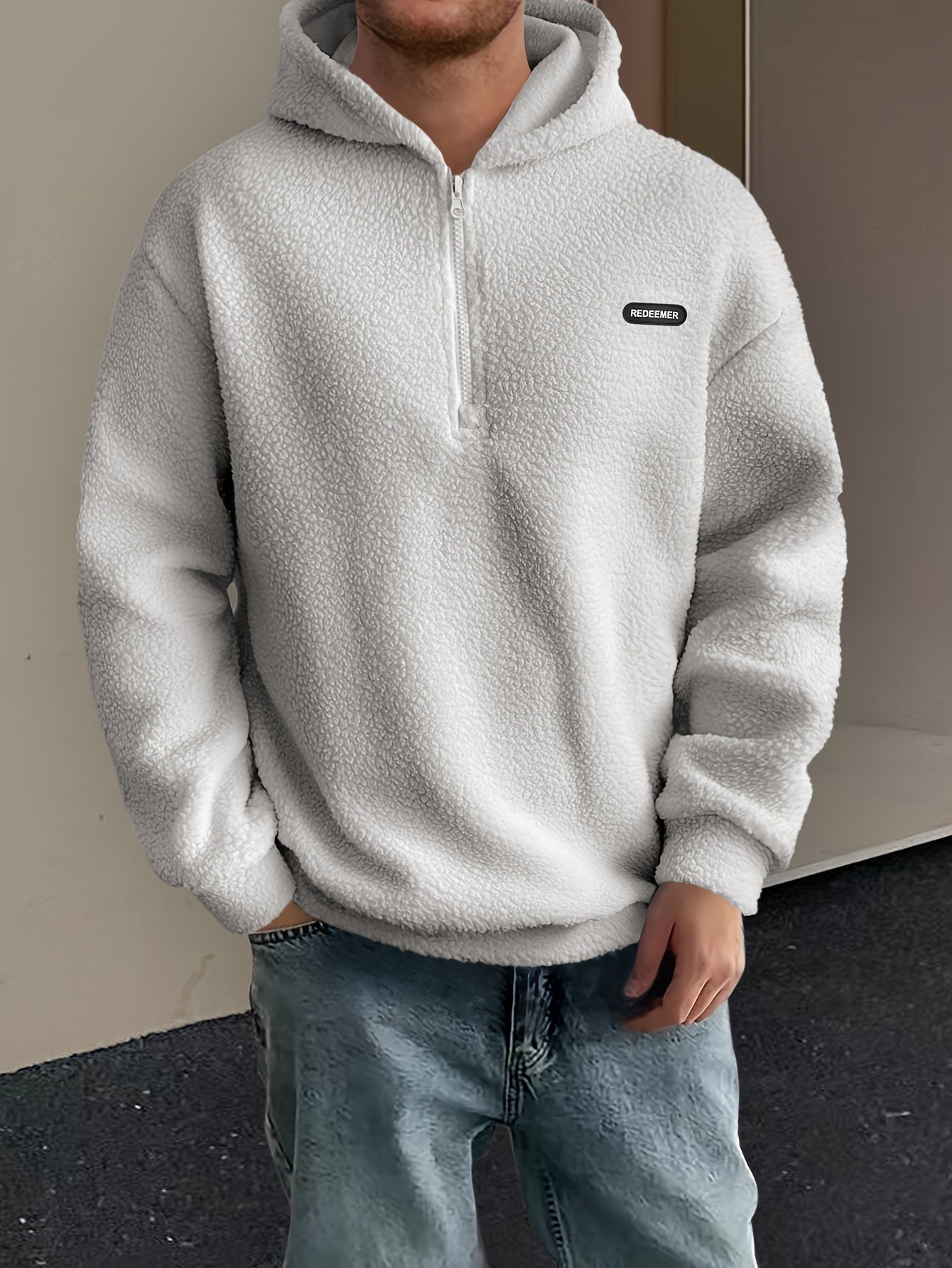 Men Sherpa Fleece Hoodie | Half Rits Casual Pullover