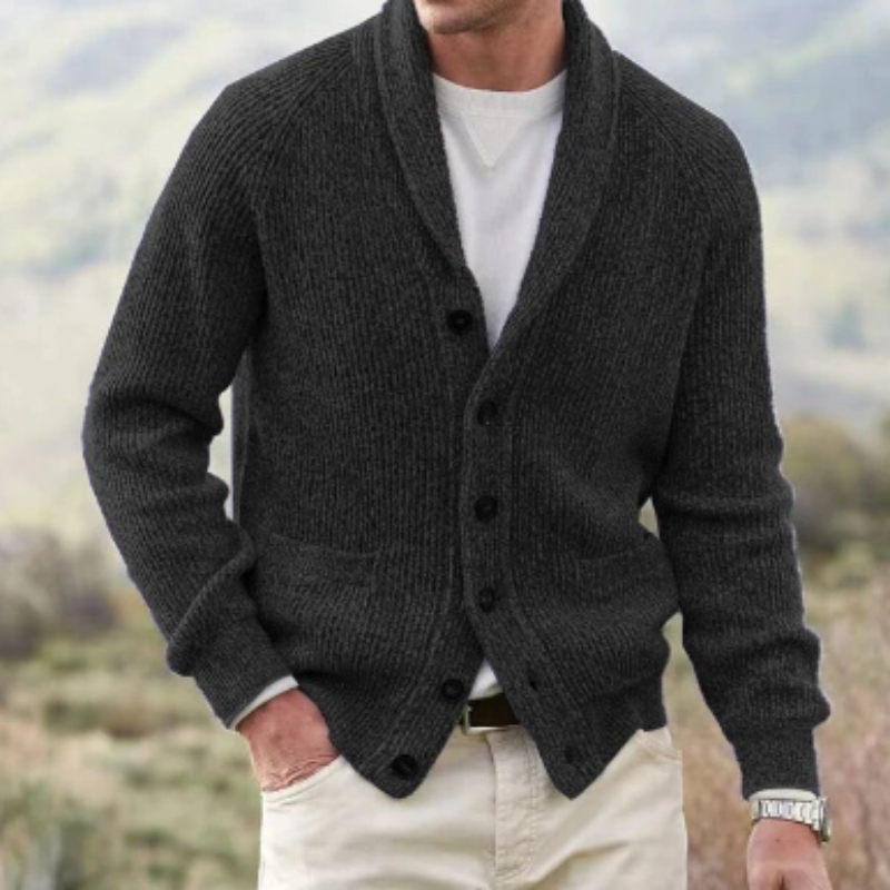 Men's cardigan with scarf collar Button closure, knitted, warm soft wool mix