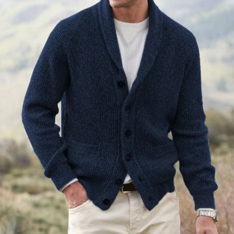 Men's cardigan with scarf collar Button closure, knitted, warm soft wool mix