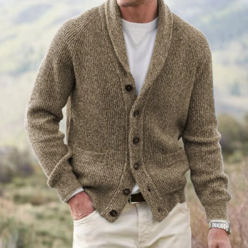 Men's cardigan with scarf collar Button closure, knitted, warm soft wool mix