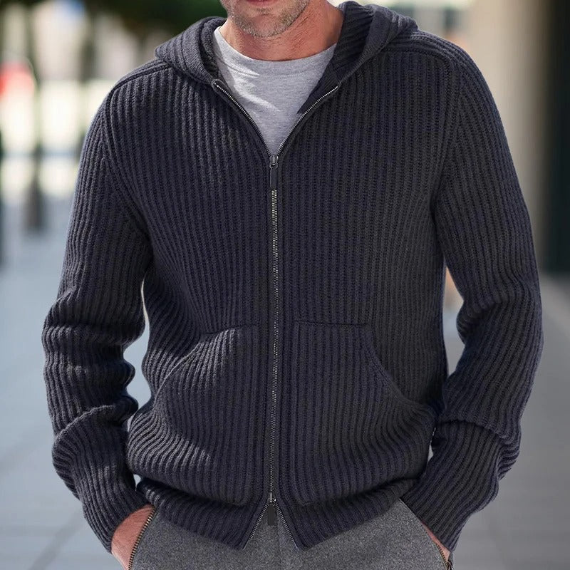 Men's full zipper knitted vest | Casual ribbed long sleeves sweater jacket