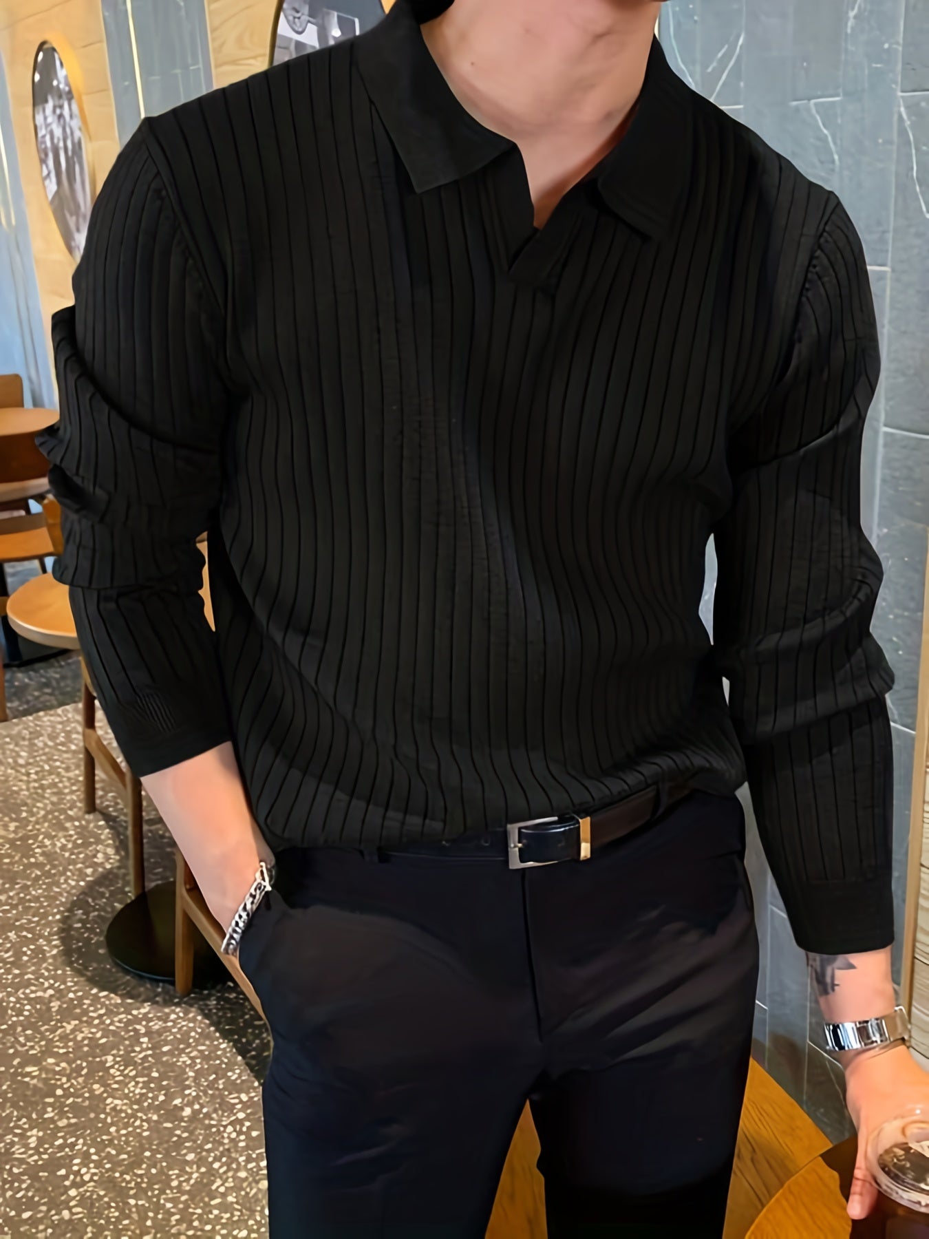 Men's black ribbed knitted polo sweater | Slim fit long sleeve pullover