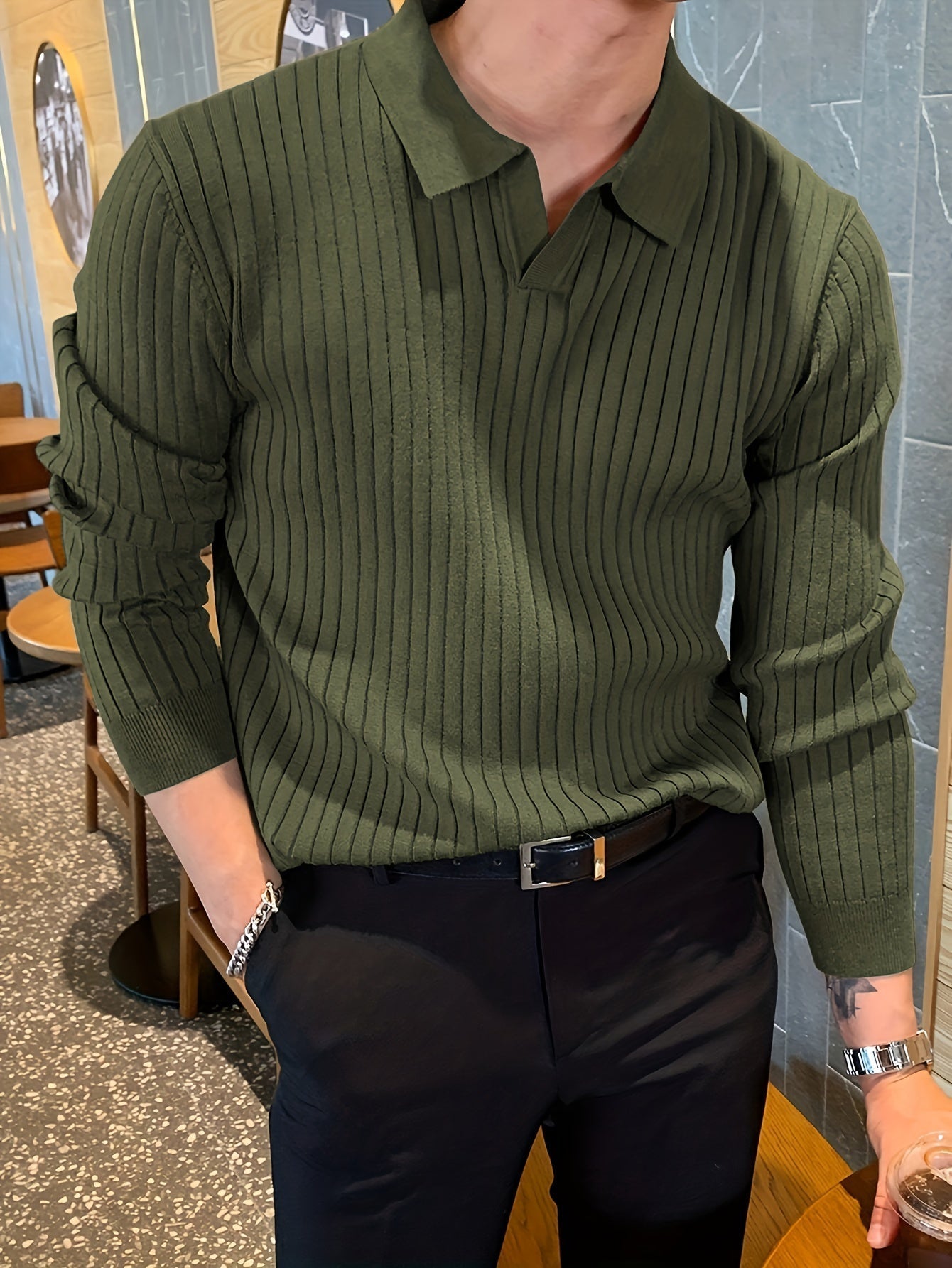 Men's black ribbed knitted polo sweater | Slim fit long sleeve pullover
