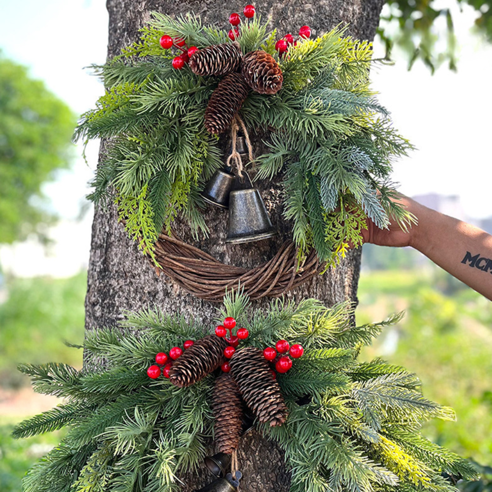 Christmas Thanksgiving Wreath Door Decor Rustic Pinecone Greenery Bells