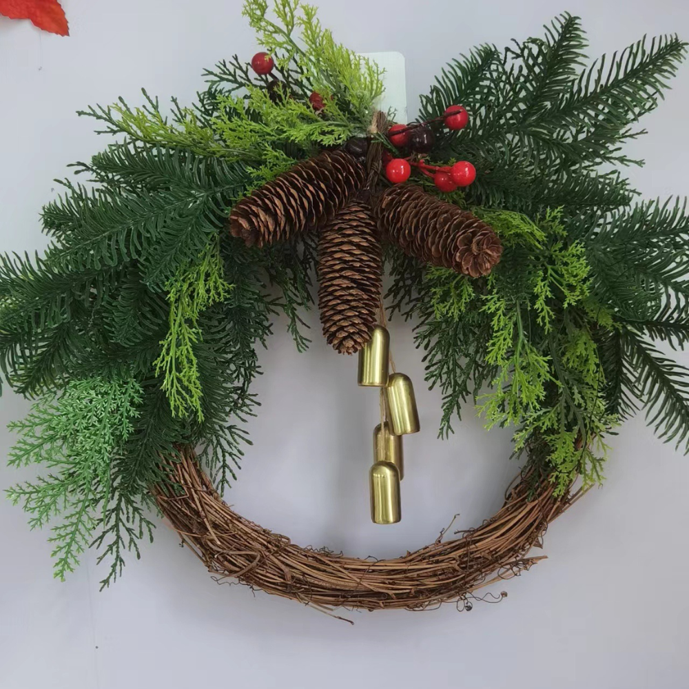 Christmas Thanksgiving Wreath Door Decor Rustic Pinecone Greenery Bells