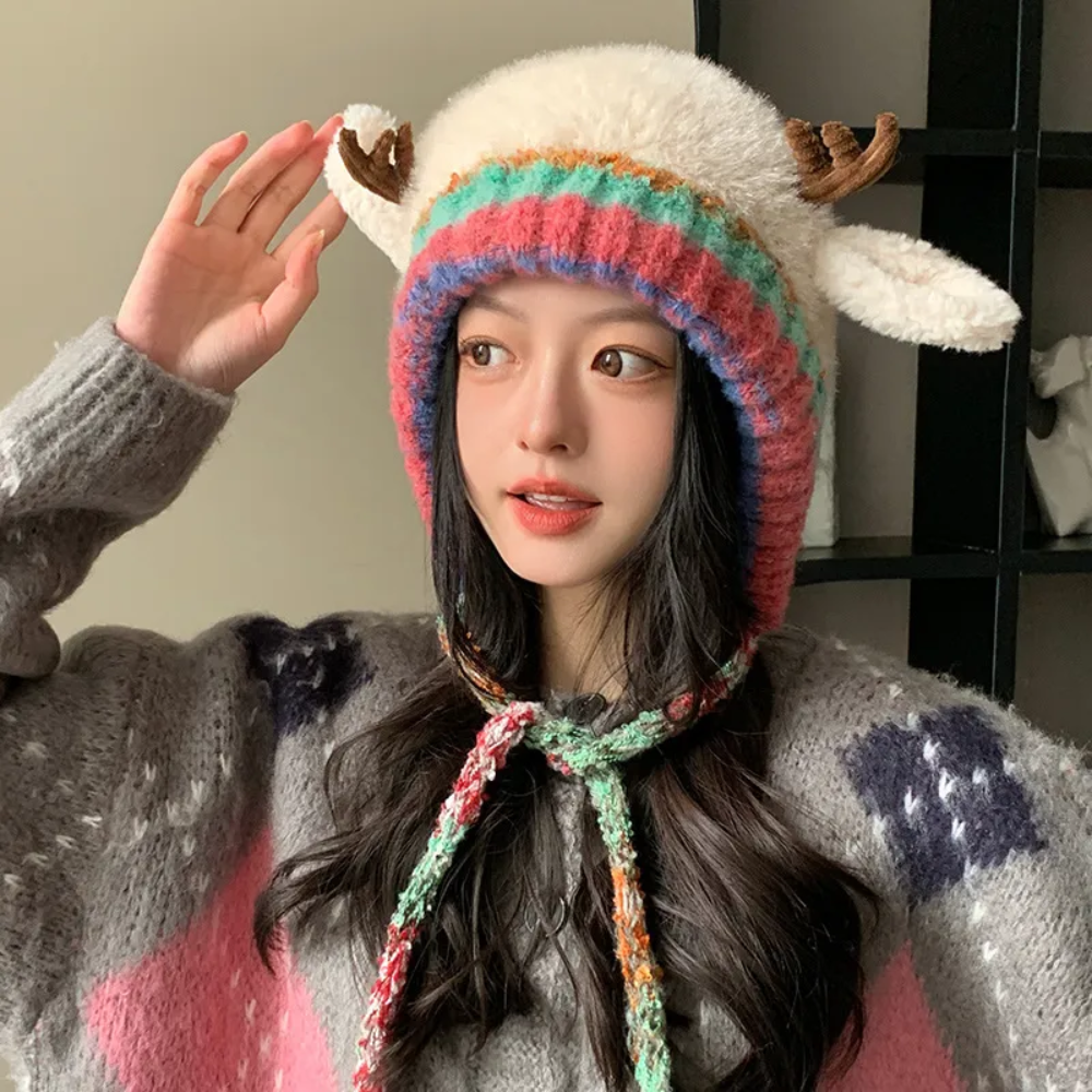Women's Cozy Reindeer Knit Beanie - Cute Winter Hat Antlers