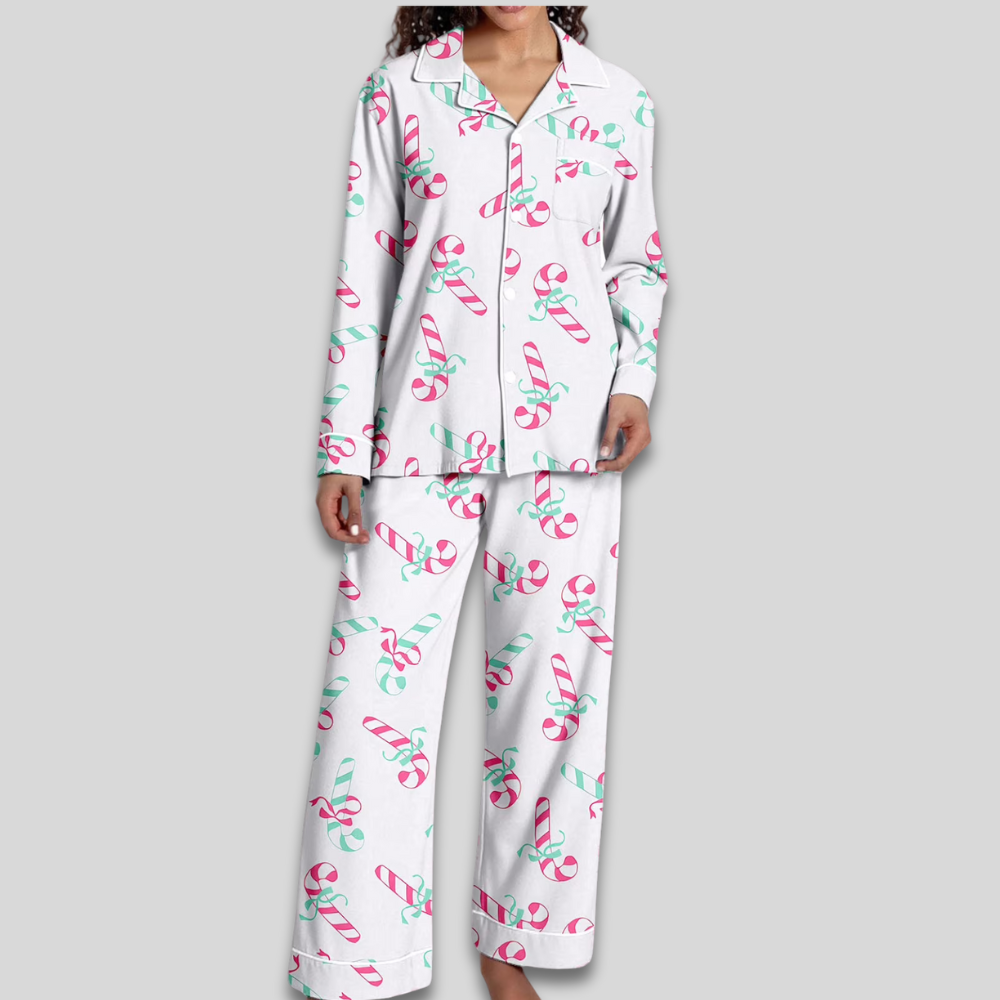 Women Cozy Soft Pajama Set - Christmas Button Down Two Piece