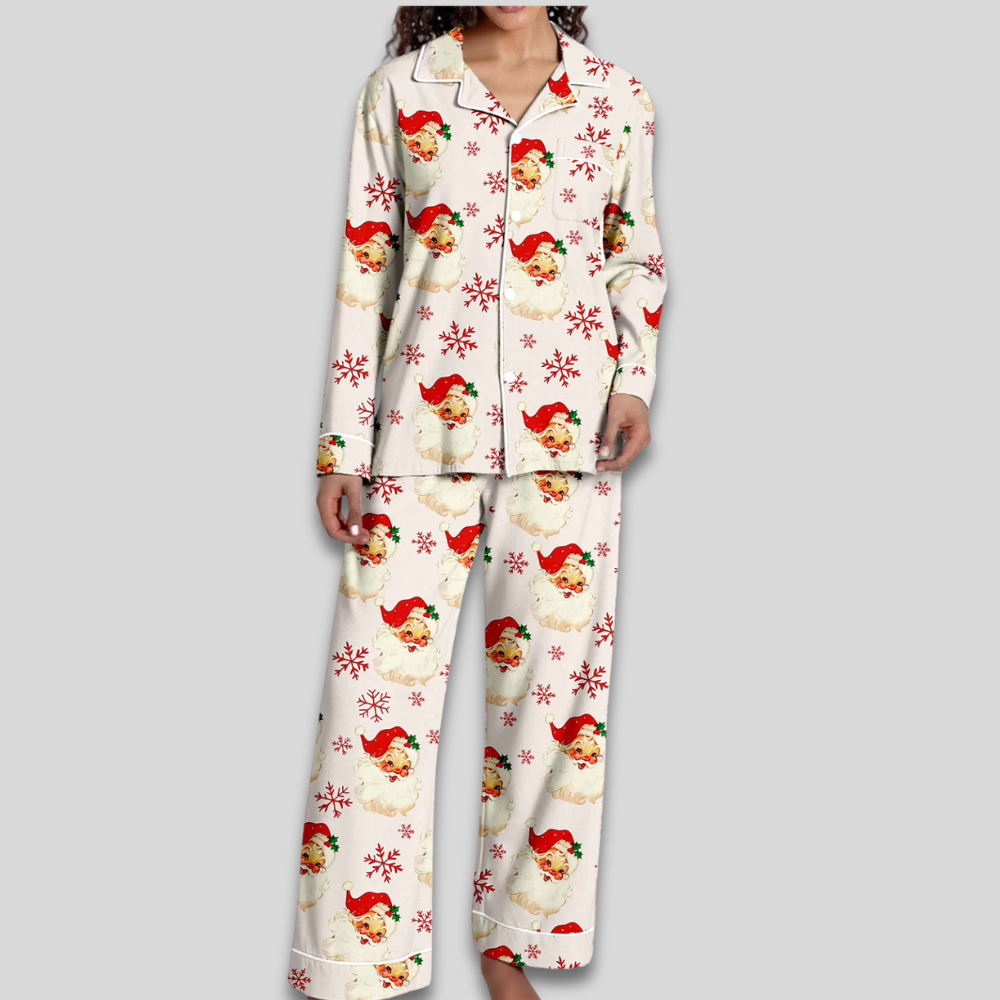 Women Cozy Soft Pajama Set - Christmas Button Down Two Piece