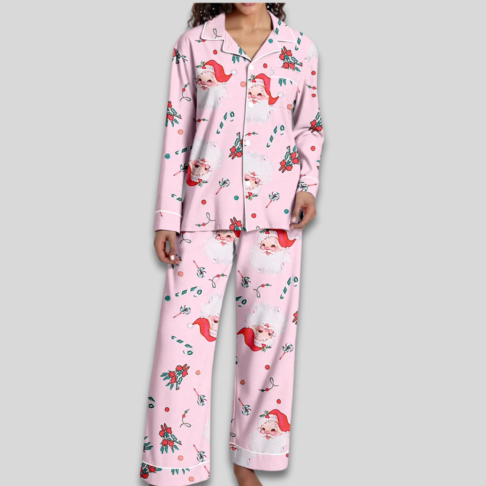 Women Cozy Soft Pajama Set - Christmas Button Down Two Piece